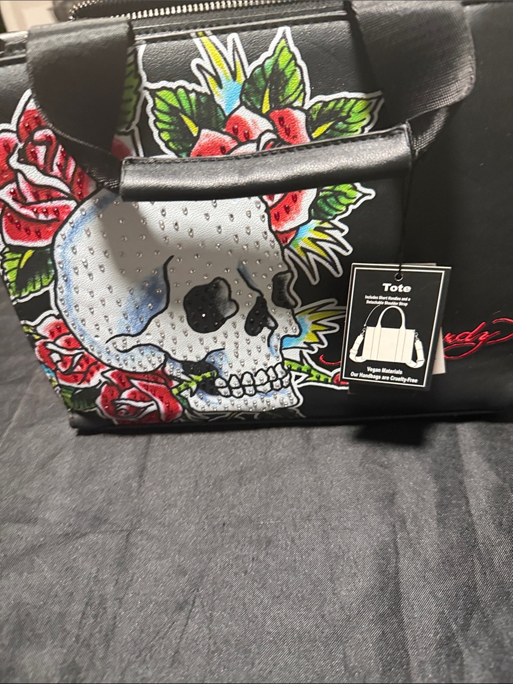 Ed Hardy Black Tote with Floral Skull Artwork